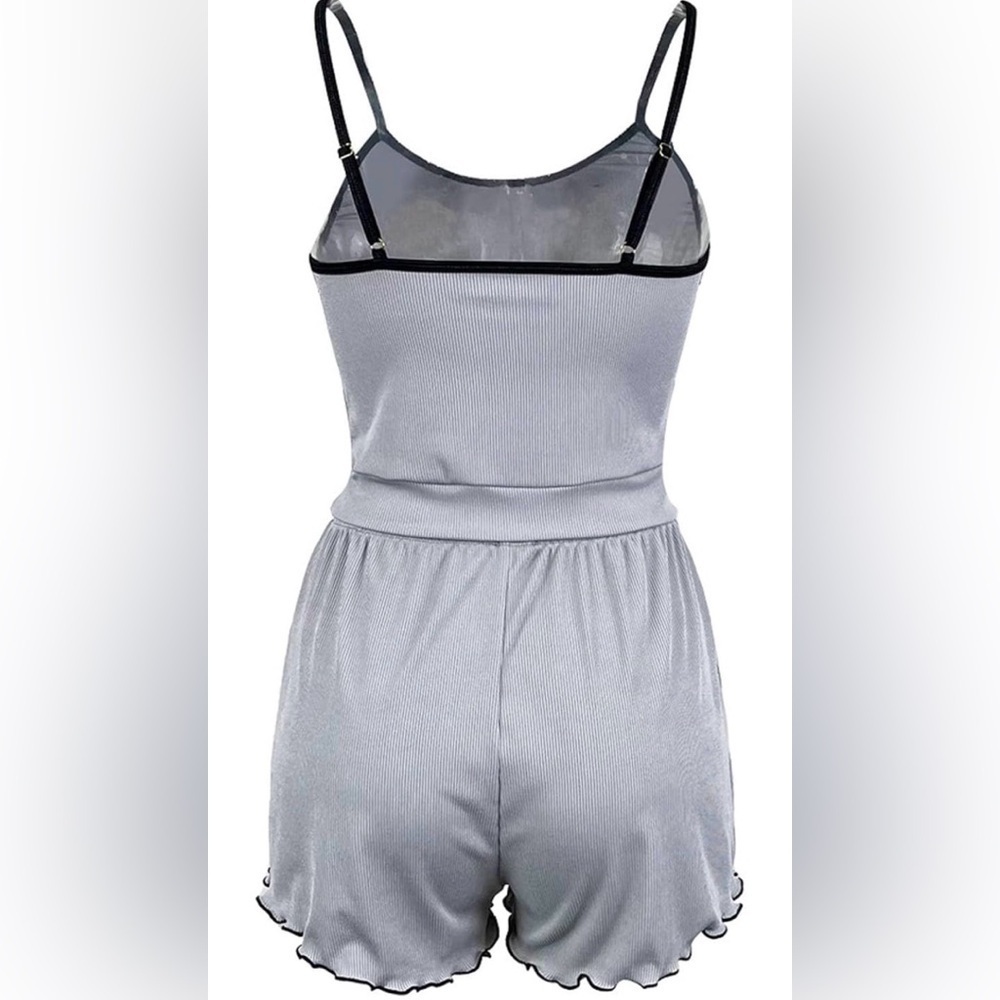 Women’s grey ruffled camisole & shorts pajama set solid color sexy comfy S NWOT - Picture 4 of 8